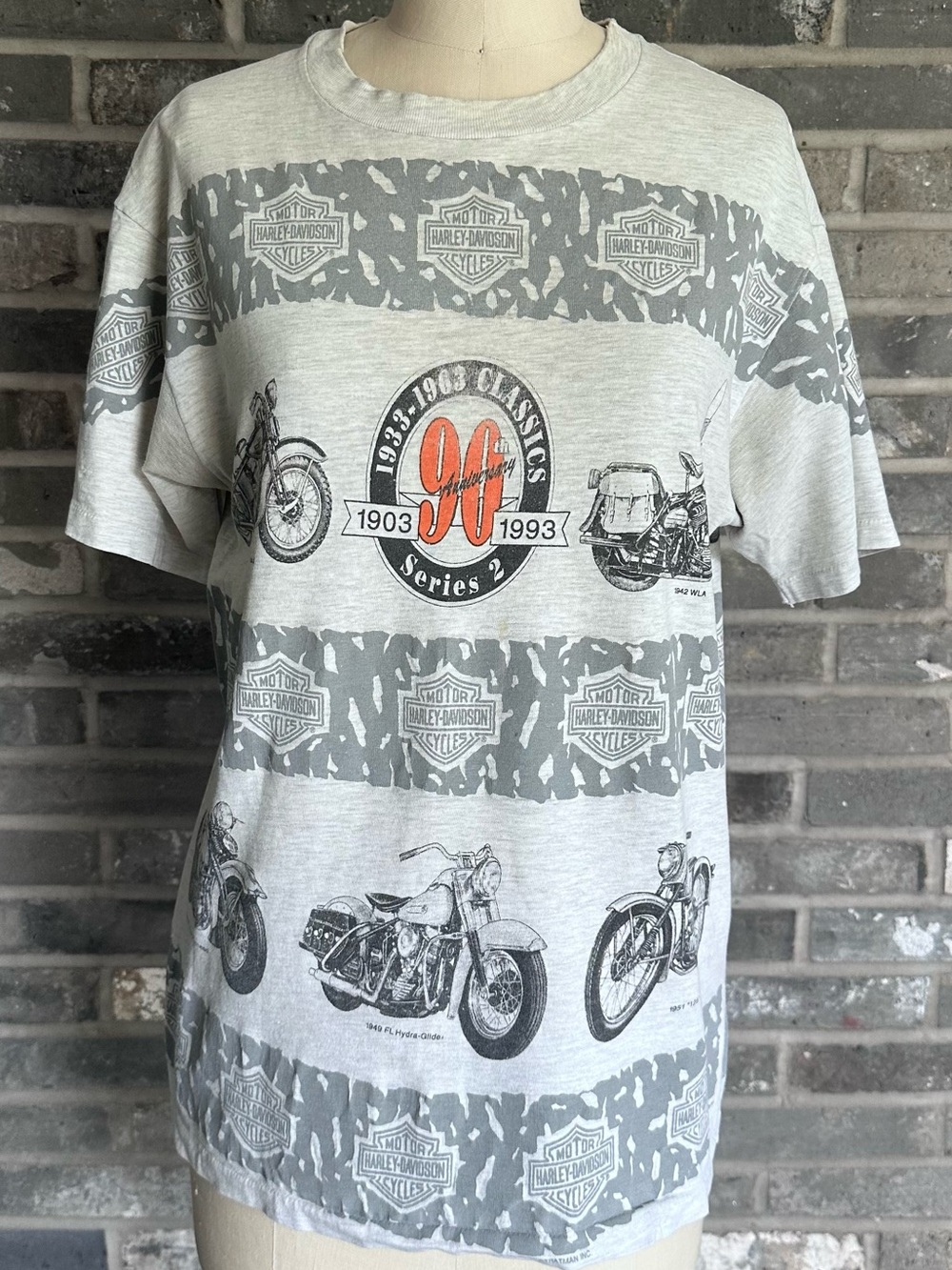 Vintage 1992 Harley Davidson Anniversary All Over Print Single Stitch USA Tee M